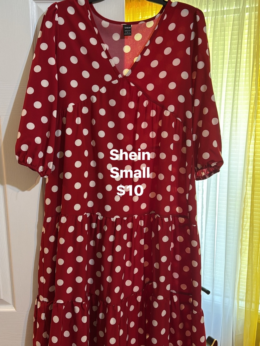 SHEIN Red and White Polka Dot V‑Neck Tiered Dress